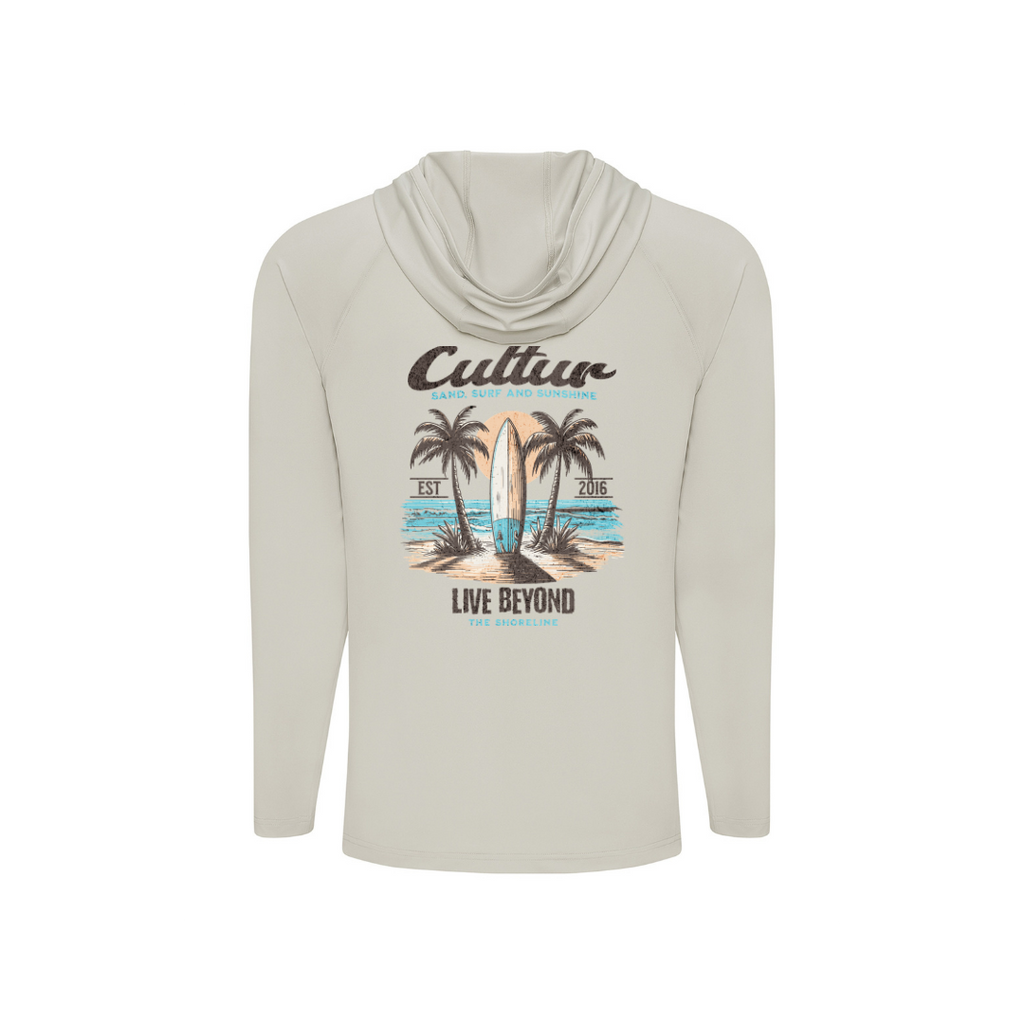 Sand hoodie with a graphic design of palm trees and a surfboard on a white background