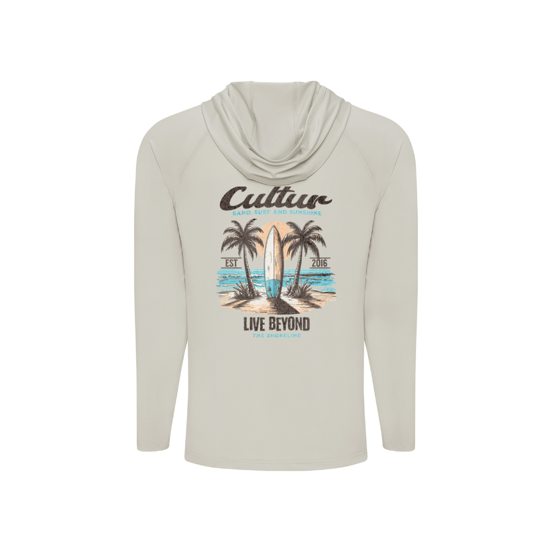 Sand hoodie with a graphic design of palm trees and a surfboard on a white background