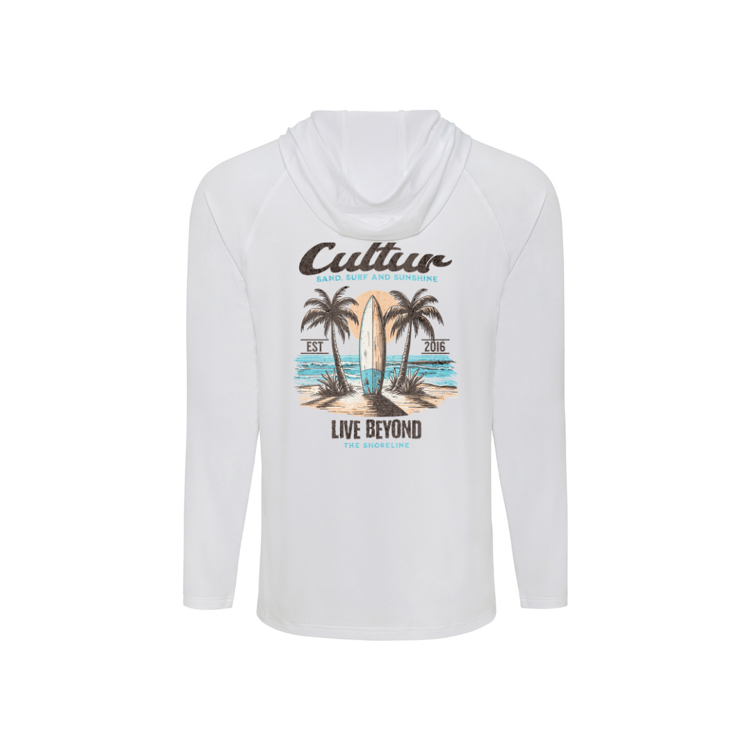 White hoodie with a graphic design on a white background