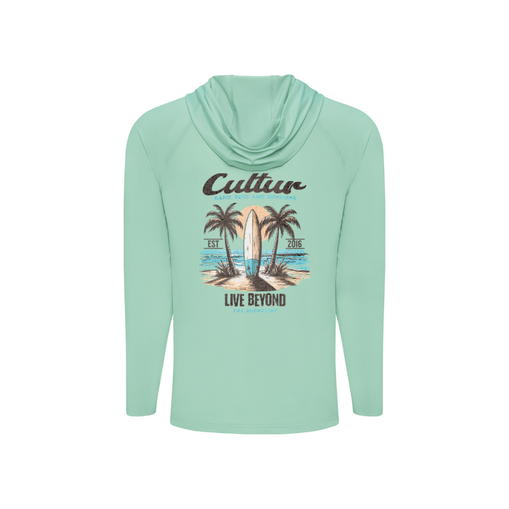 Mint green hoodie with a graphic design on a white background
