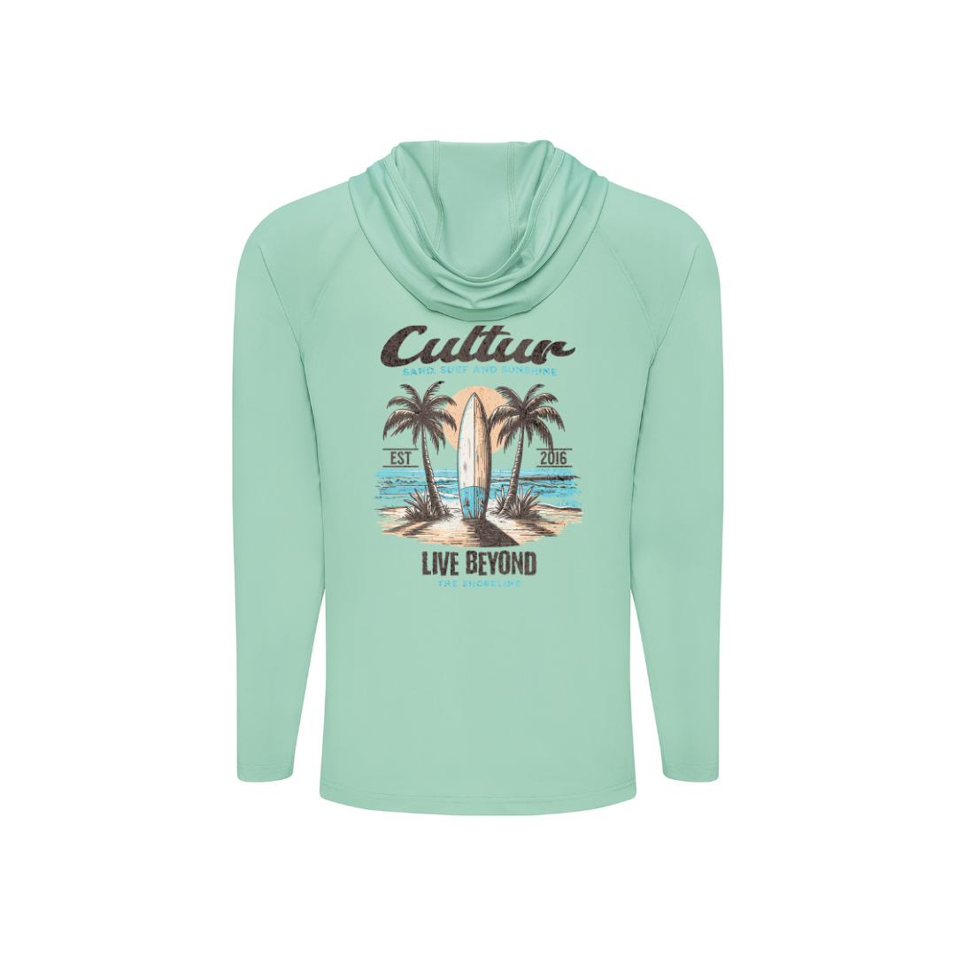 Mint green hoodie with a graphic design on a white background