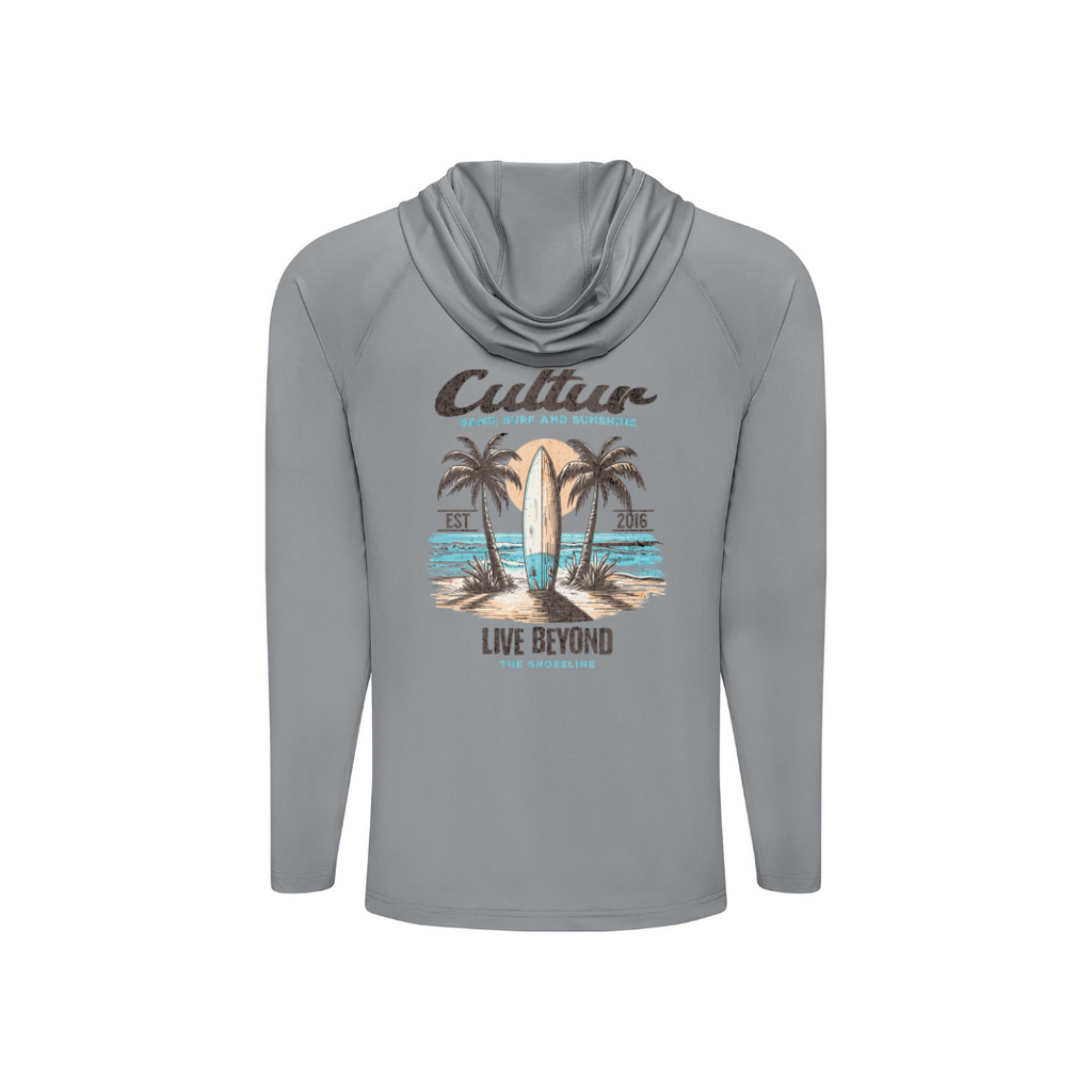 Gray hoodie with a graphic design of palm trees and a surfboard on a white background