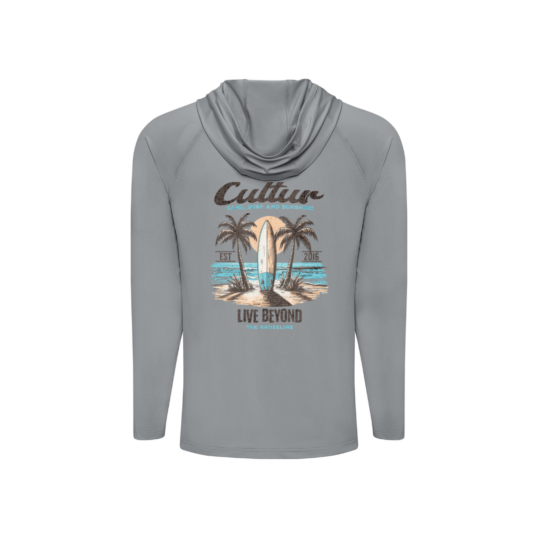 Gray hoodie with a graphic design of palm trees and a surfboard on a white background