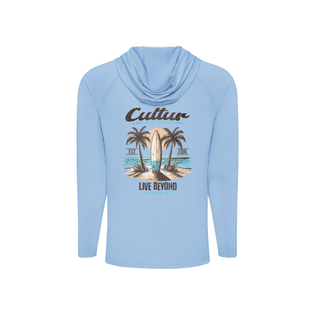 Light blue hoodie with a tropical graphic and text on a white background
