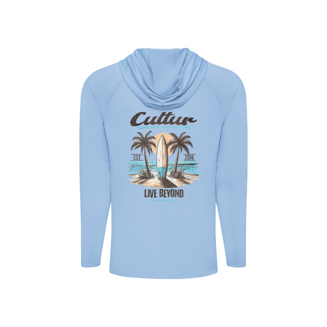 Light blue hoodie with a tropical graphic and text on a white background