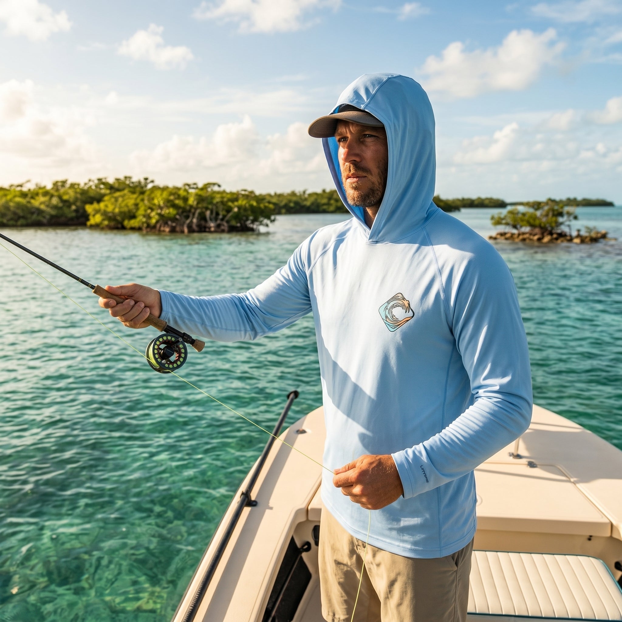 Man fishing on a boat wearing a light blue hoodie with a logo, surrounded by clear blue water and greenery.