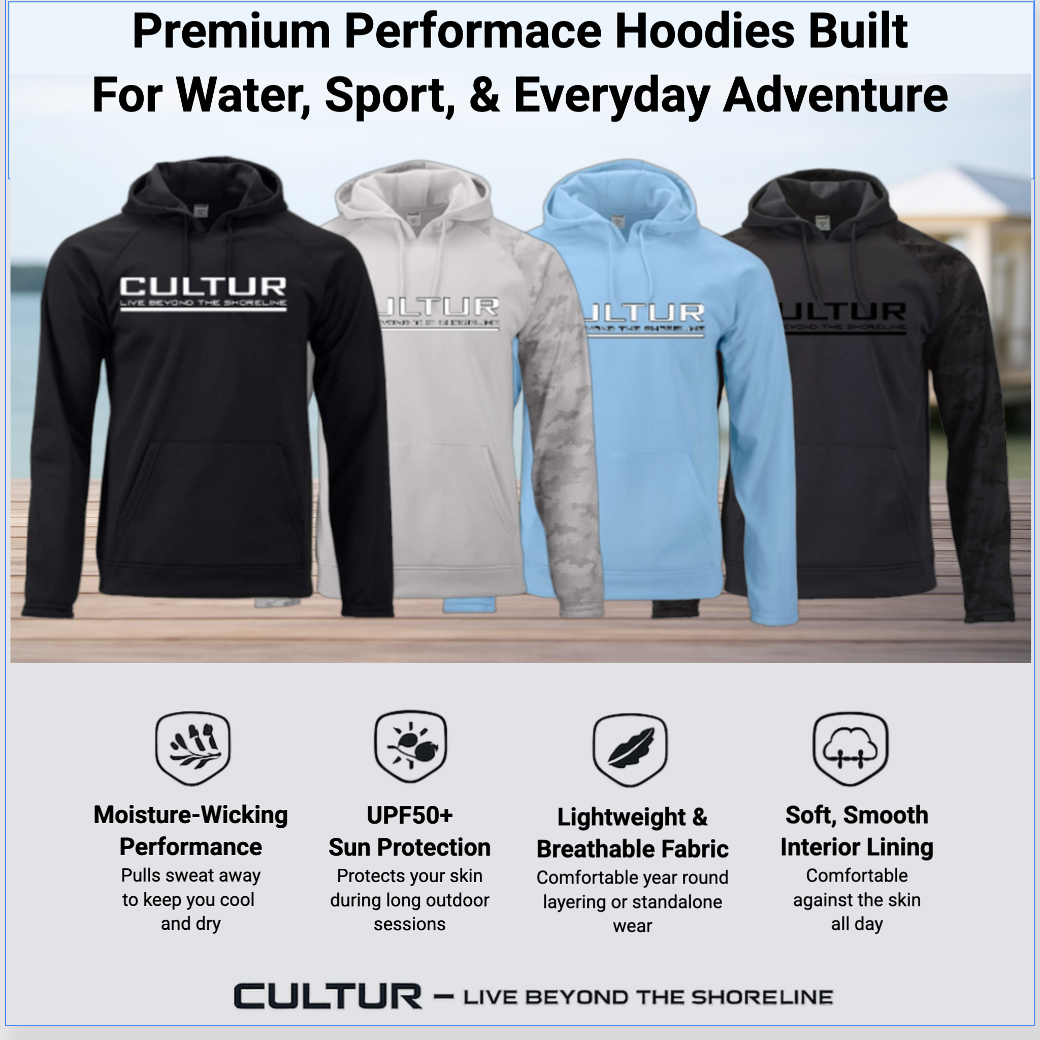 CULTUR Coastal Hoodie w/Camo Sleeves – Premium Beach Hoodie for Men & Women – Graphite Minimalist Streetwear – Live Beyond the Shoreline