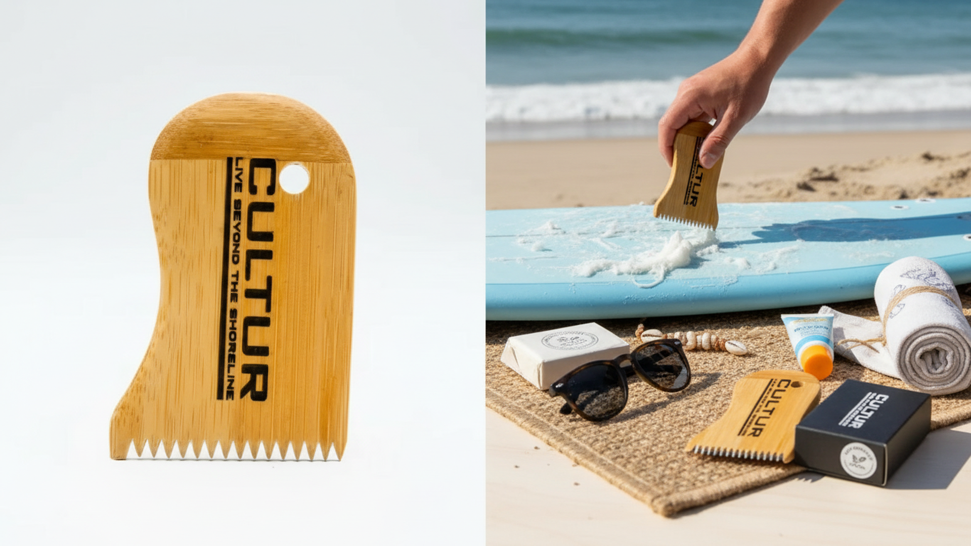 Cultur surf wax comb on a white background with a beach scene in the background