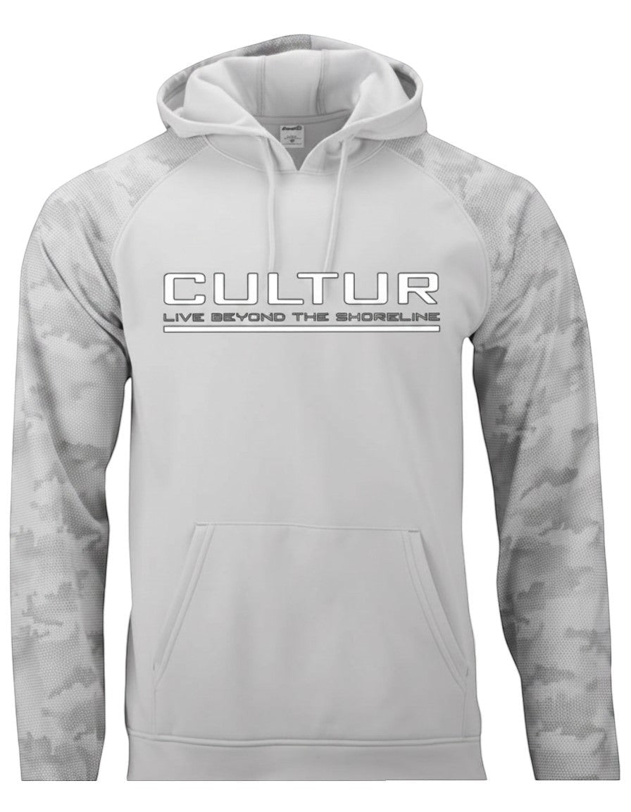 CULTUR aluminum grey hoodie with camouflage sleeves, adjustable hood, and kangaroo pocket.