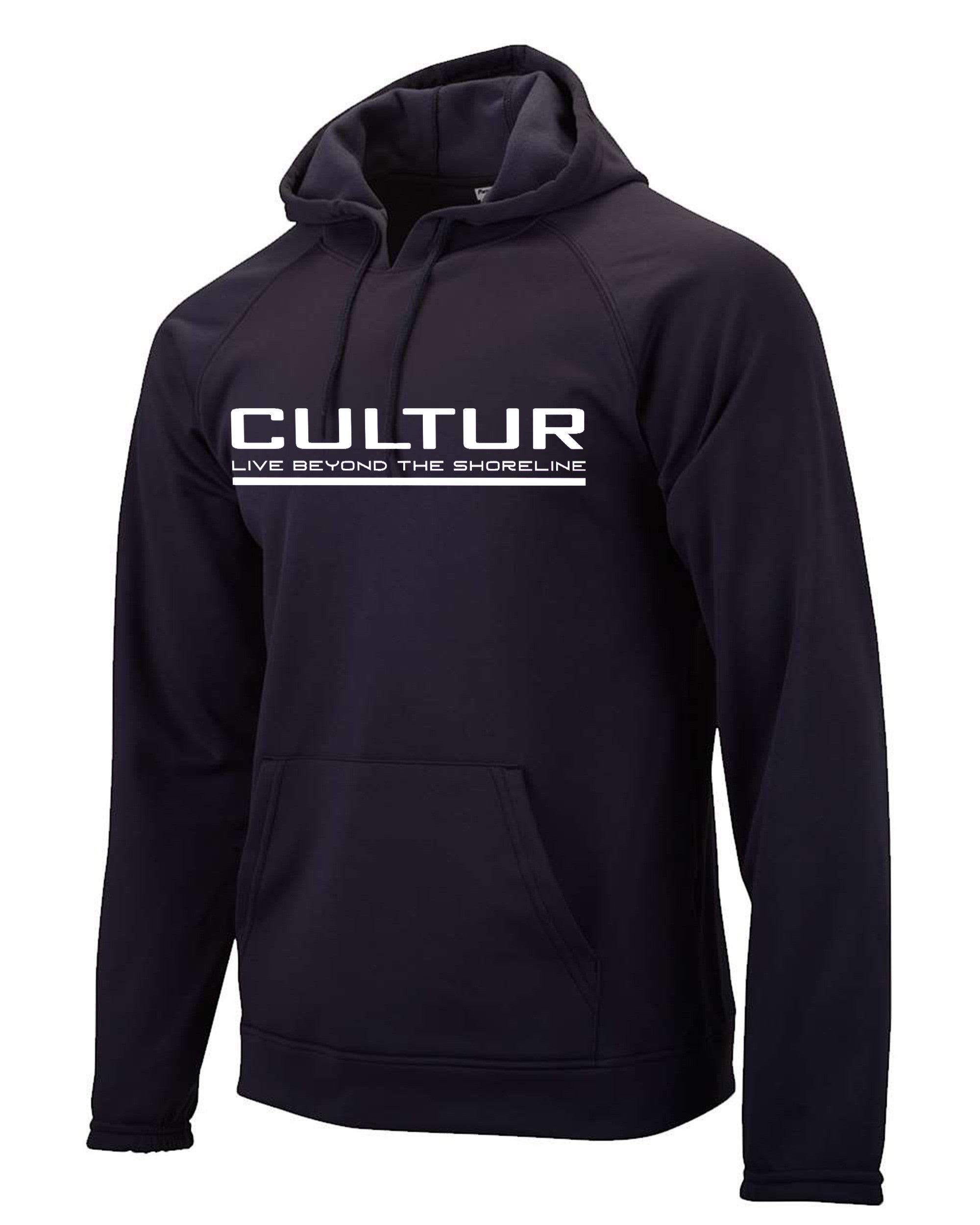 CULTUR black microfiber performance polyester hoodie with white logo and camo sleeve accents. Features adjustable hood and kangaroo pocket.