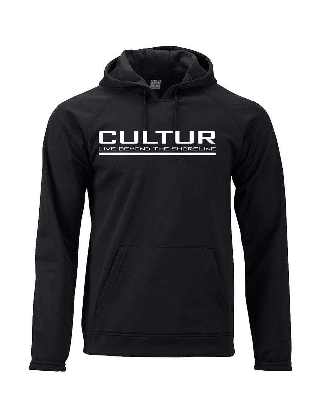 CULTUR black microfiber performance polyester hoodie with white logo and text, adjustable hood, and kangaroo pocket.