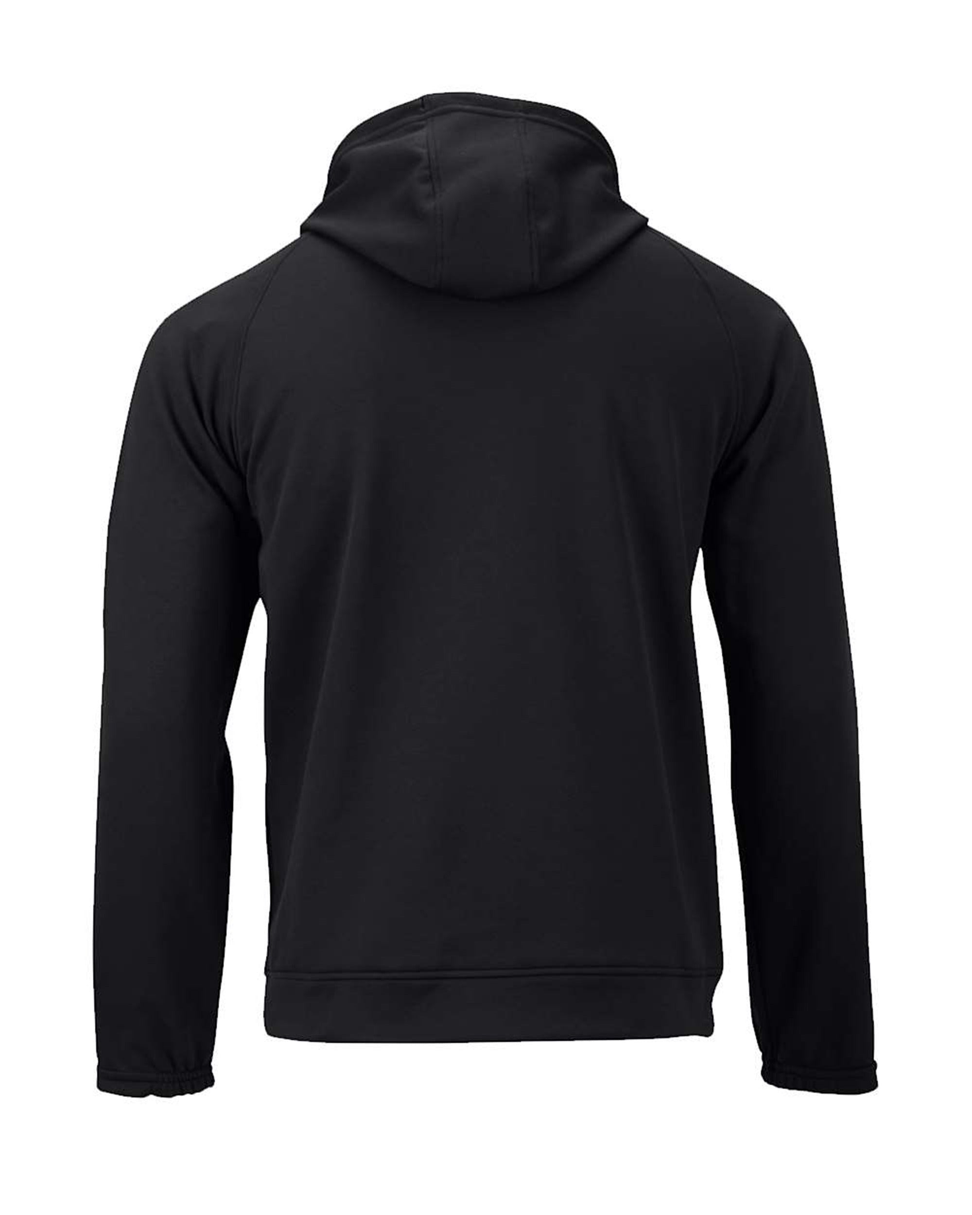 CULTUR black microfiber performance polyester hoodie with raglan sleeves and adjustable hood. Minimalist streetwear.