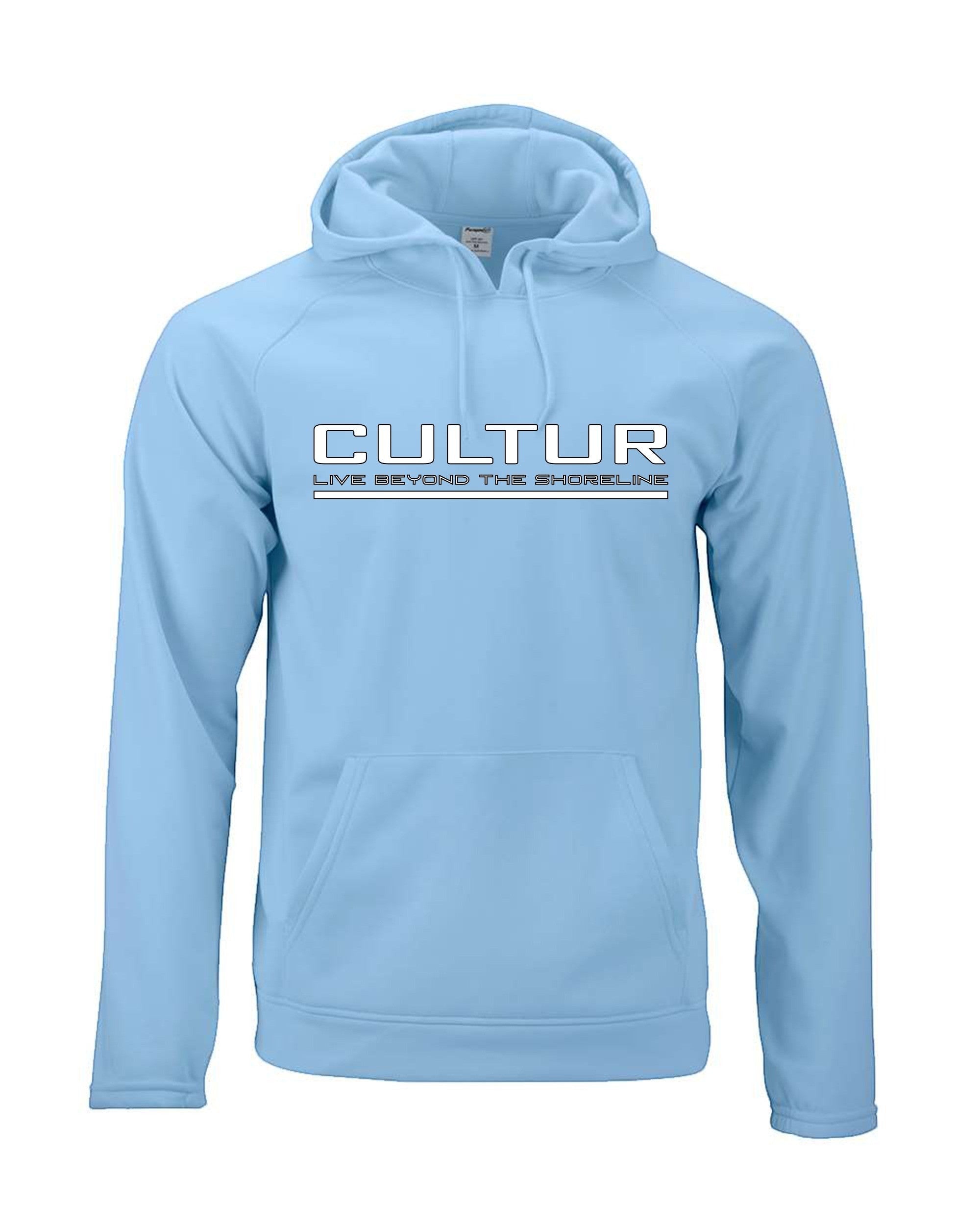 CULTUR light blue microfiber performance polyester hoodie with kangaroo pocket and adjustable hood. Minimalist streetwear.