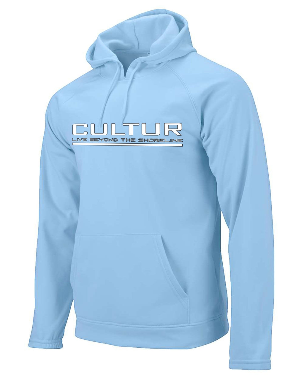 CULTUR light blue microfiber performance polyester hoodie with kangaroo pocket and logo.