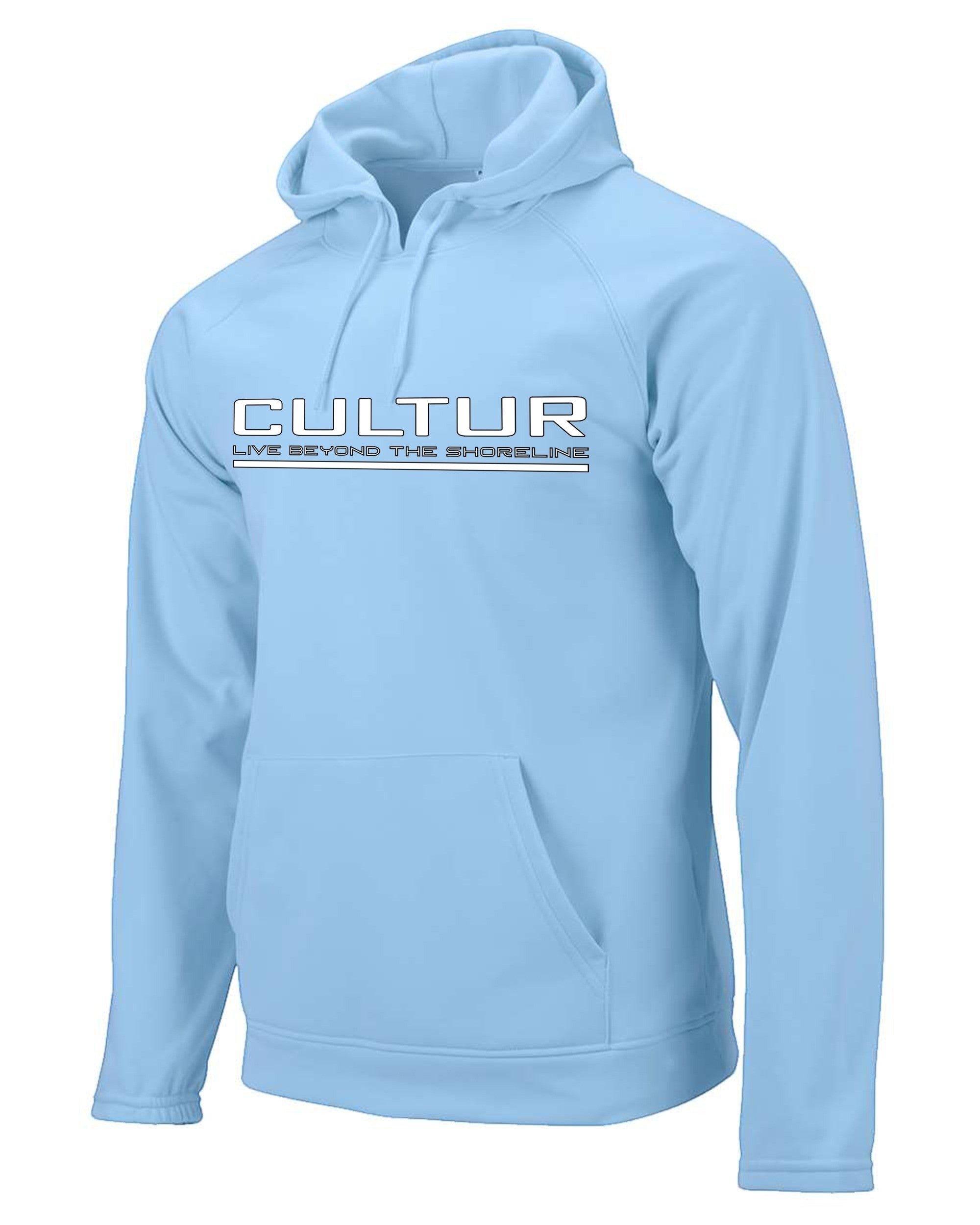 CULTUR light blue microfiber performance polyester hoodie with kangaroo pocket and logo.