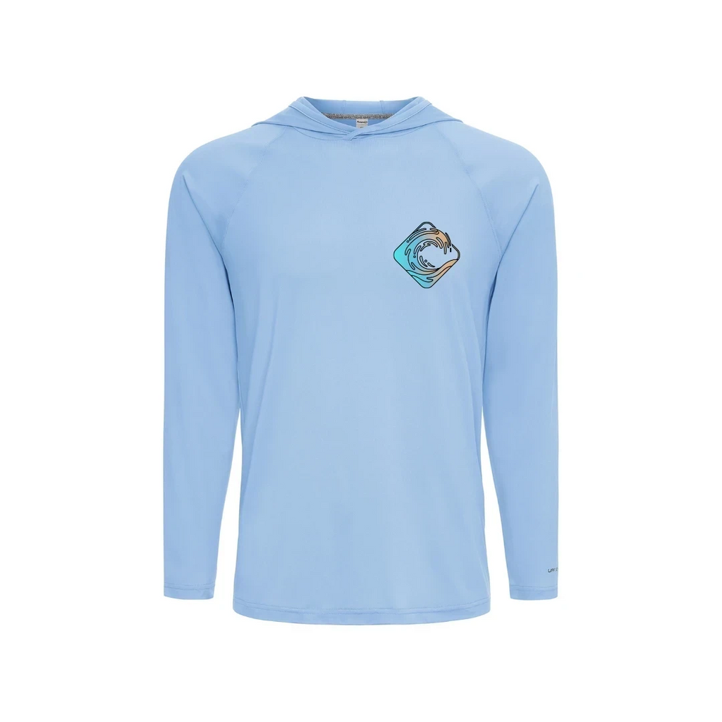CULTUR light blue long sleeve hooded performance shirt with wave graphic on chest. Lightweight, breathable fabric for outdoor activities.
