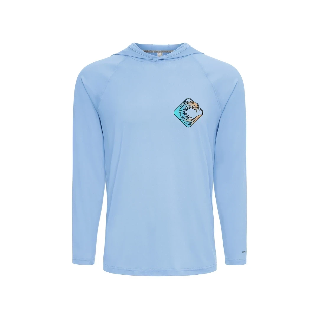 CULTUR light blue long sleeve hooded performance shirt with wave graphic on chest. Lightweight, breathable fabric for outdoor activities.