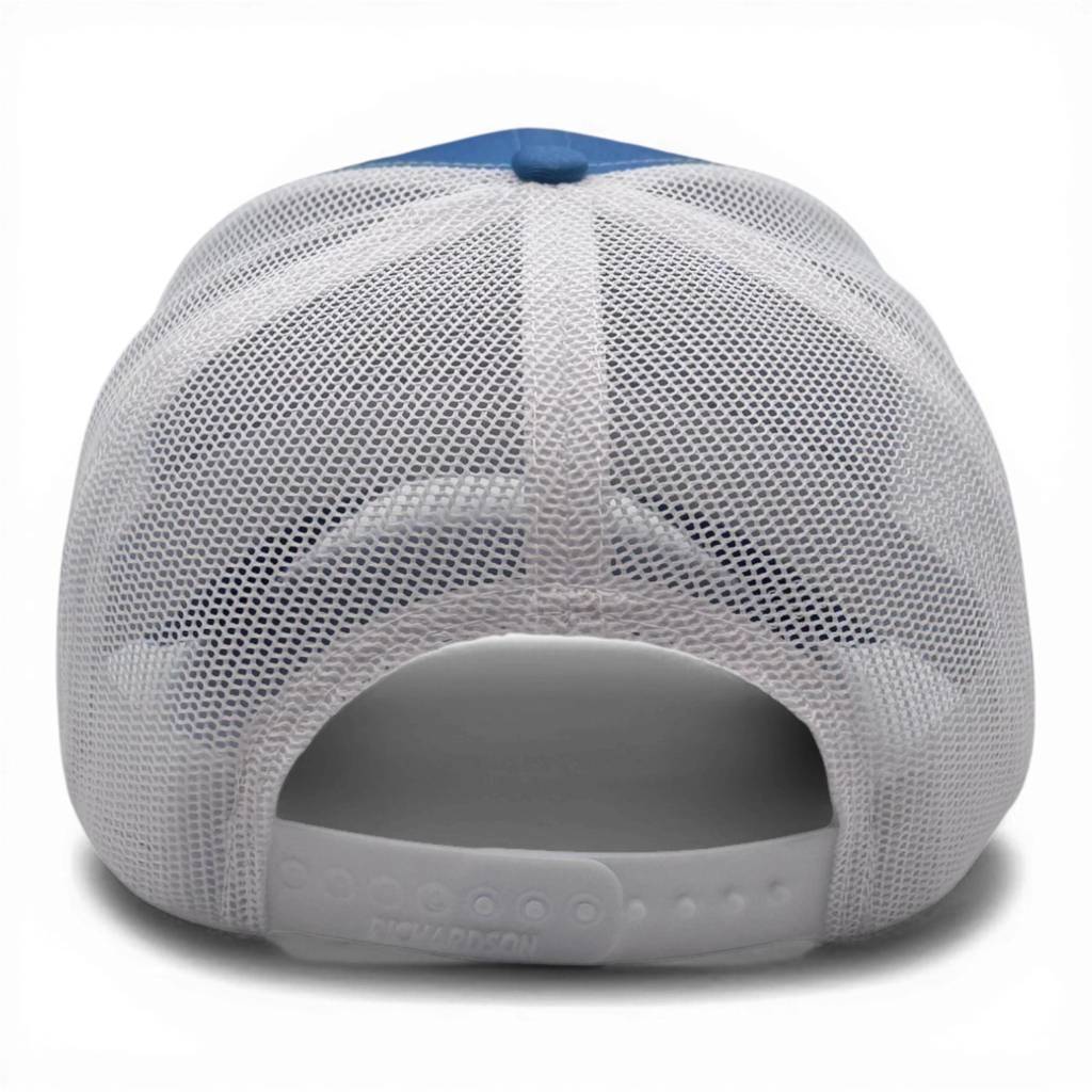 CULTUR blue and white mesh trucker hat with adjustable snapback closure, ideal for coastal living and sun protection.