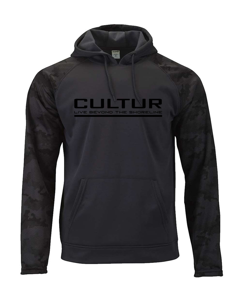 CULTUR graphite grey hoodie with black camouflage sleeves and CULTUR logo. Features a kangaroo pocket and adjustable hood.