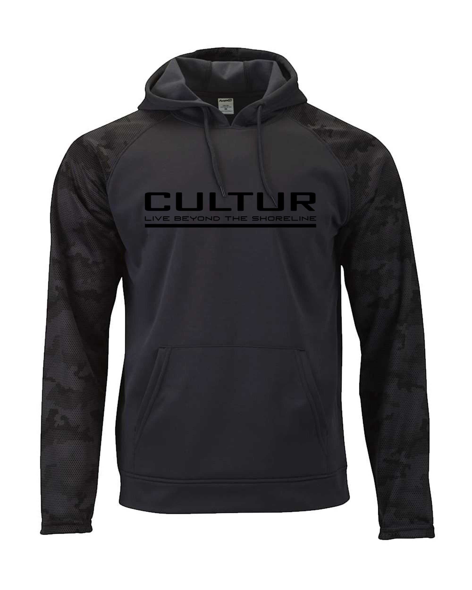 CULTUR graphite grey hoodie with black camouflage sleeves and CULTUR logo. Features a kangaroo pocket and adjustable hood.