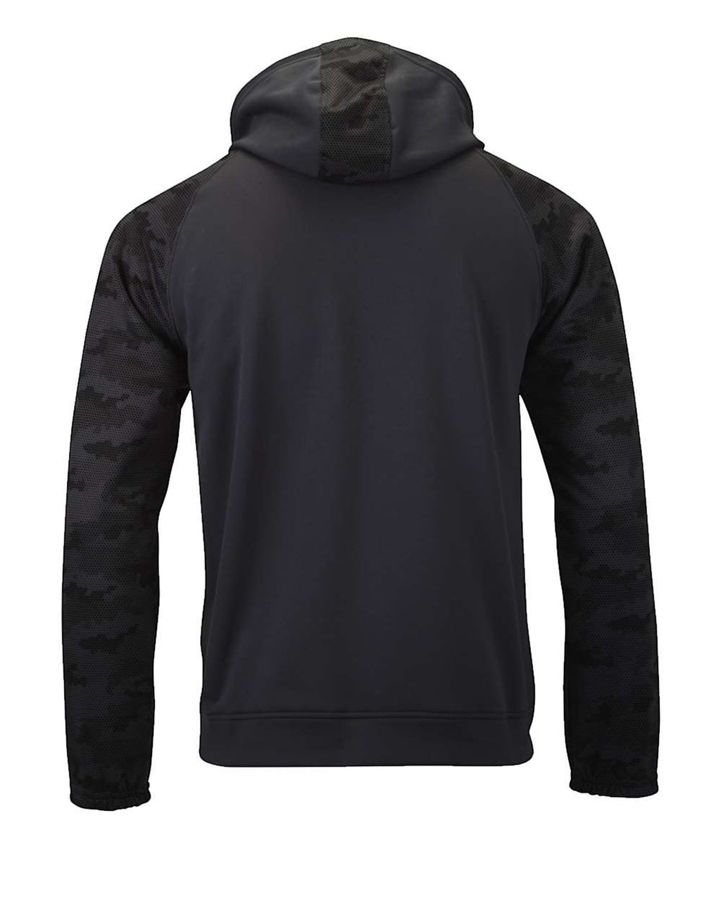 CULTUR graphite performance polyester hoodie with camouflage sleeves and athletic raglan sleeves.