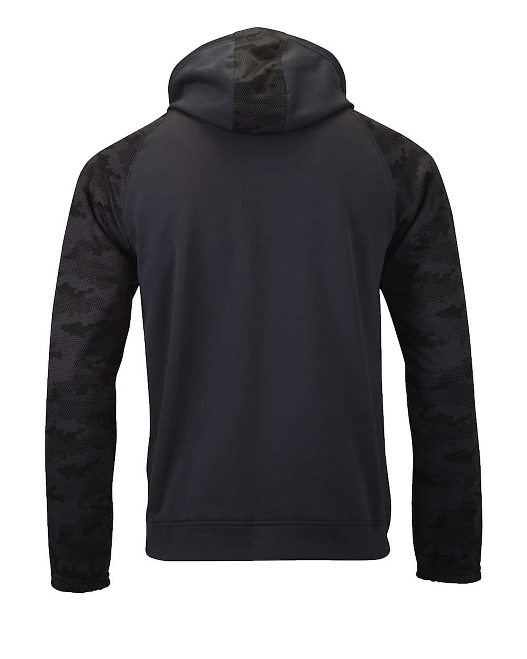 CULTUR graphite performance polyester hoodie with camouflage sleeves and athletic raglan sleeves.