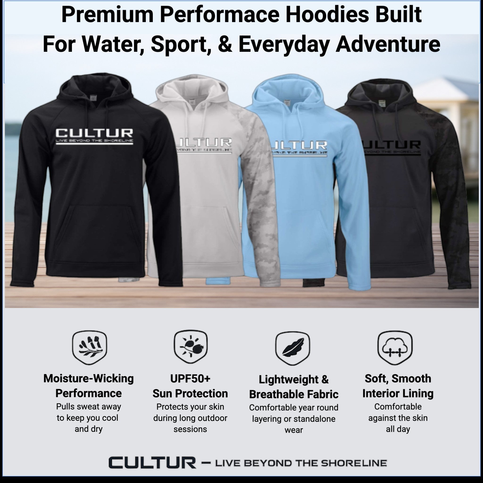 CULTUR graphite performance hoodie with camouflage sleeves, UPF50+, moisture-wicking, and kangaroo pocket.