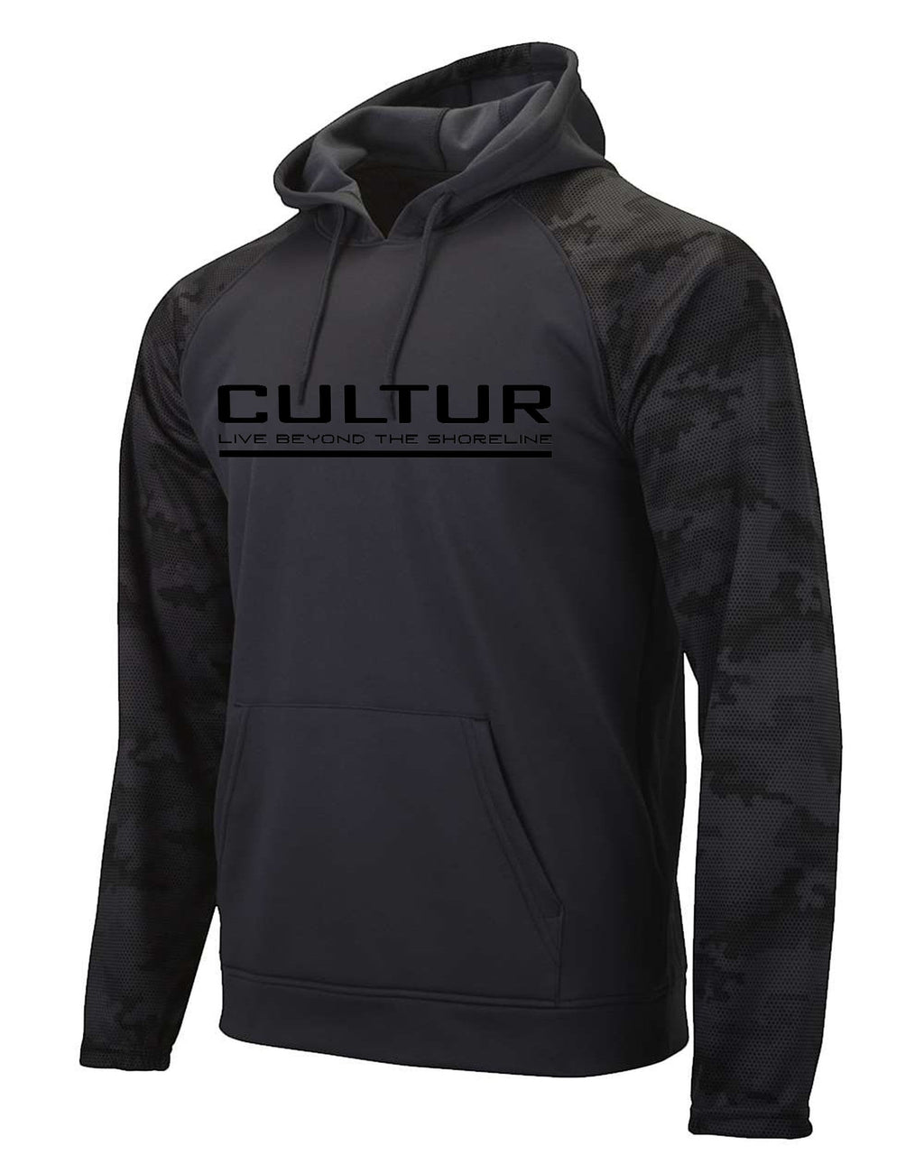 CULTUR graphite performance hoodie with black camouflage sleeves and CULTUR logo. Features athletic raglan sleeves, kangaroo pocket, and adjustable hood.