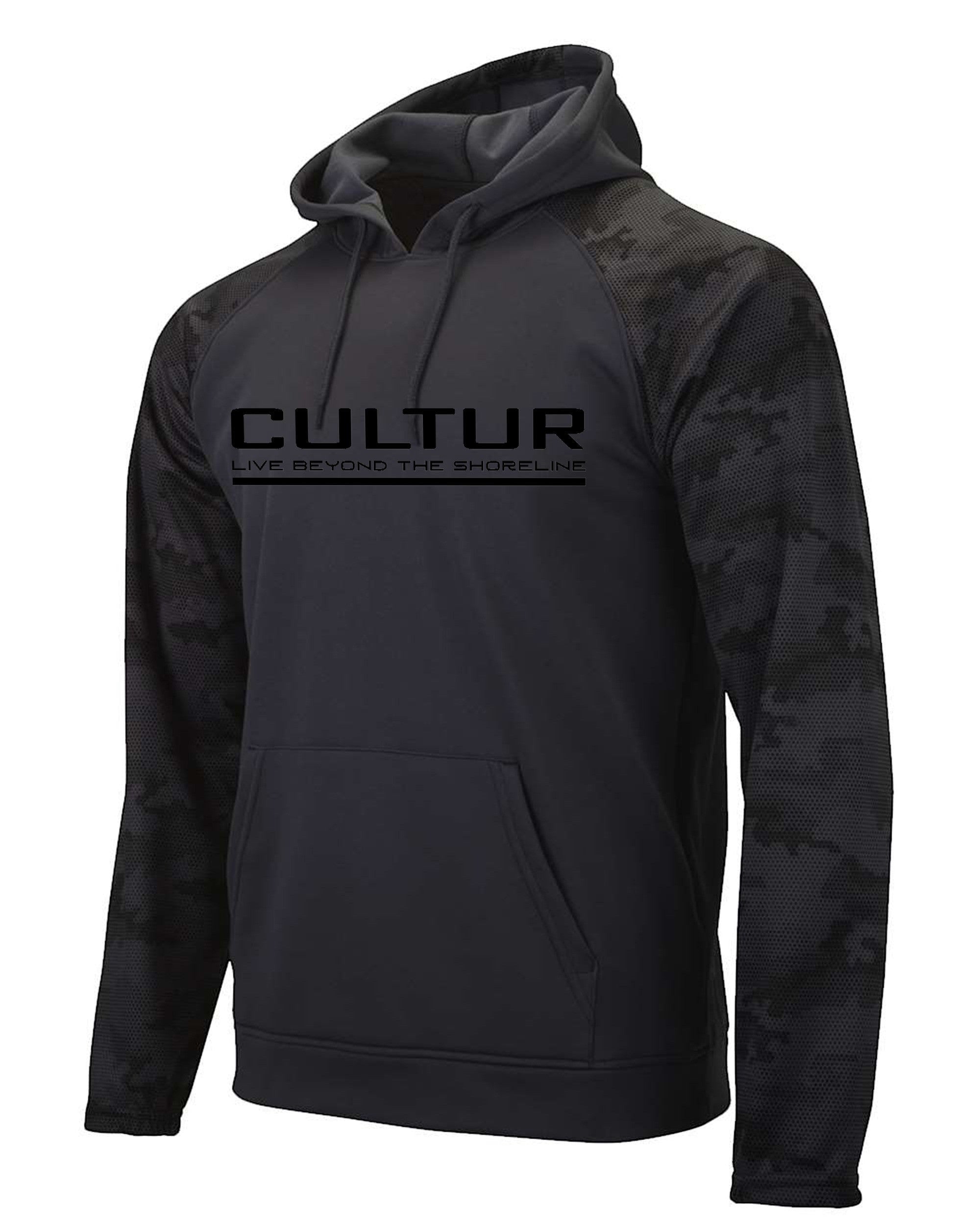 CULTUR graphite performance hoodie with black camouflage sleeves and CULTUR logo. Features athletic raglan sleeves, kangaroo pocket, and adjustable hood.