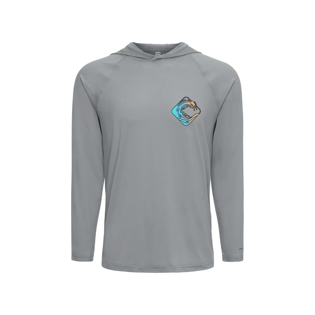 CULTUR grey long sleeve hooded performance shirt with a wave graphic logo on the chest.