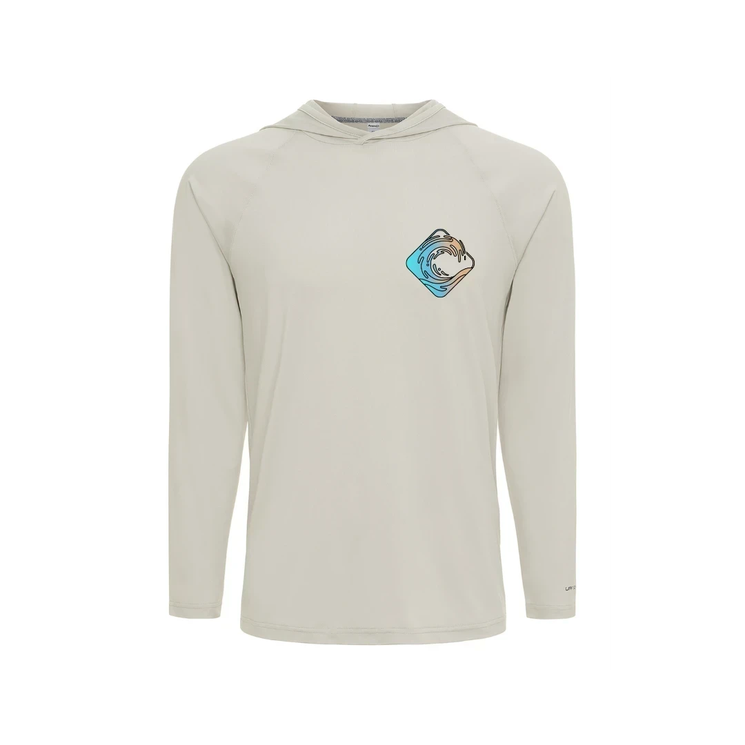 CULTUR light grey long sleeve hooded performance shirt with a wave graphic on the chest.