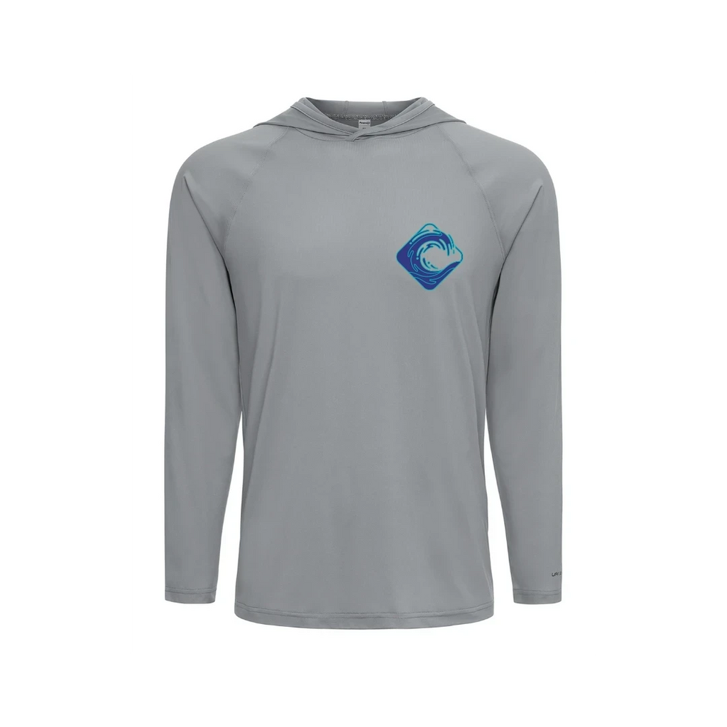 CULTUR grey long sleeve hooded performance shirt with blue wave logo on chest, lightweight and breathable for outdoor activities.