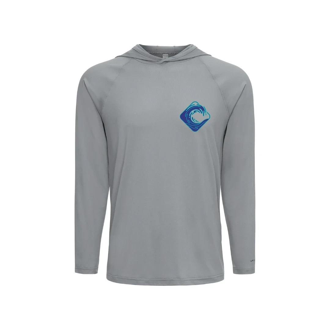 CULTUR grey long sleeve hooded performance shirt with blue wave logo on chest, lightweight and breathable for outdoor activities.
