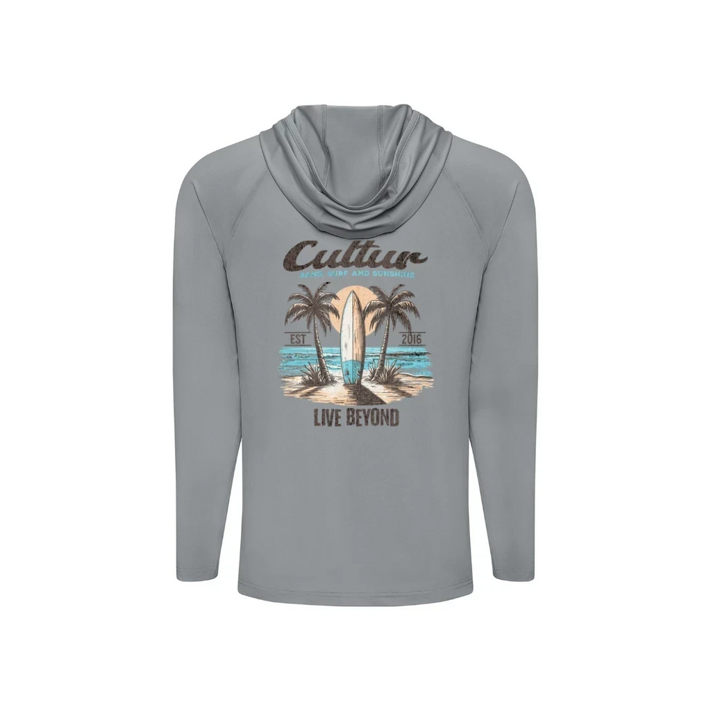 CULTUR grey long sleeve hooded performance shirt with a graphic of a surfboard and palm trees on a beach.