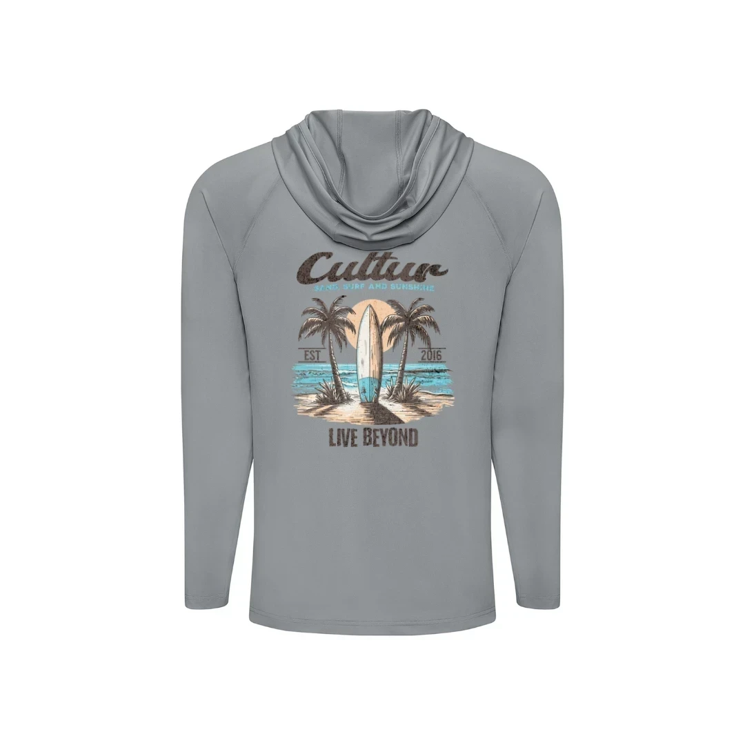 CULTUR grey long sleeve hooded performance shirt with a graphic of a surfboard and palm trees on a beach.
