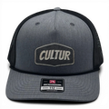CULTUR grey trucker hat with black mesh back and embroidered topo patch logo.