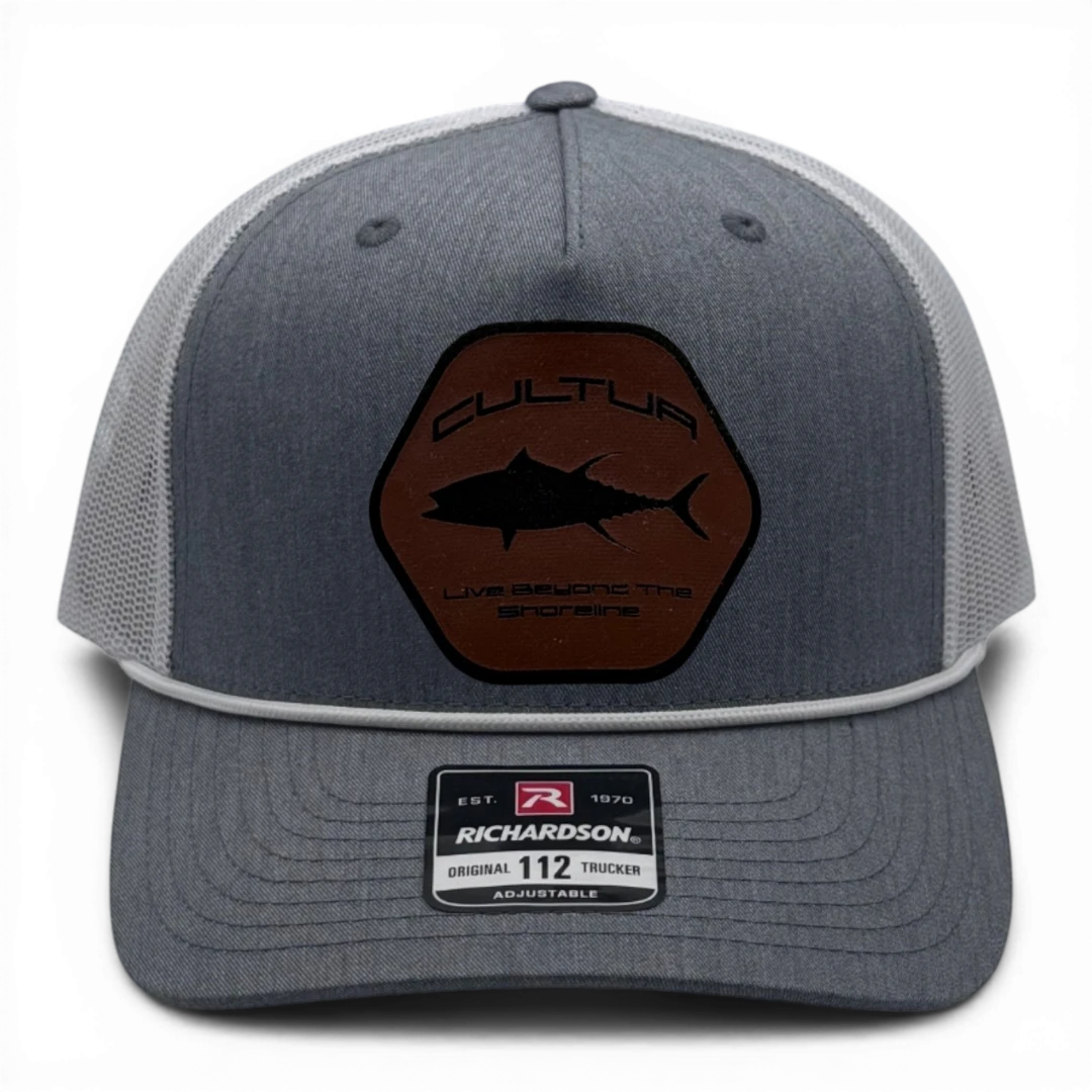 CULTUR grey trucker hat with white mesh back and hexagonal tuna patch.