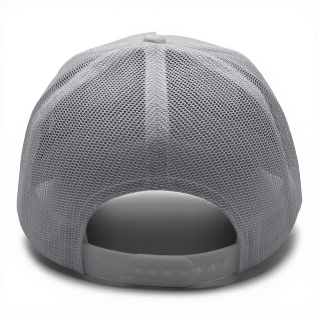 CULTUR Tuna Trucker Hat, grey mesh back with adjustable snap closure. Designed for coastal living and sun protection.