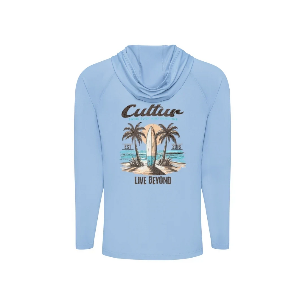 CULTUR light blue long sleeve hooded performance shirt with a graphic of a surfboard between palm trees on a beach, and the text "LIVE BEYOND".