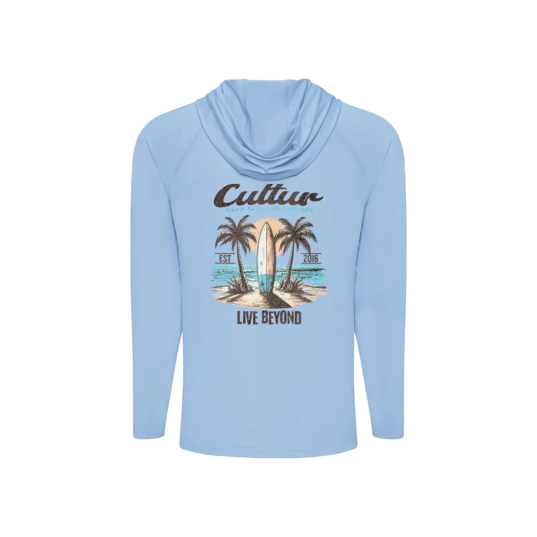 CULTUR light blue long sleeve hooded performance shirt with a graphic of a surfboard between palm trees on a beach, and the text "LIVE BEYOND".