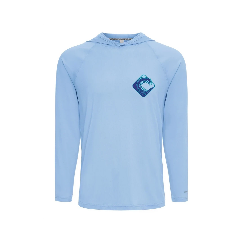 CULTUR light blue long sleeve hooded performance shirt with wave logo on chest. Lightweight, breathable fabric for outdoor activities.