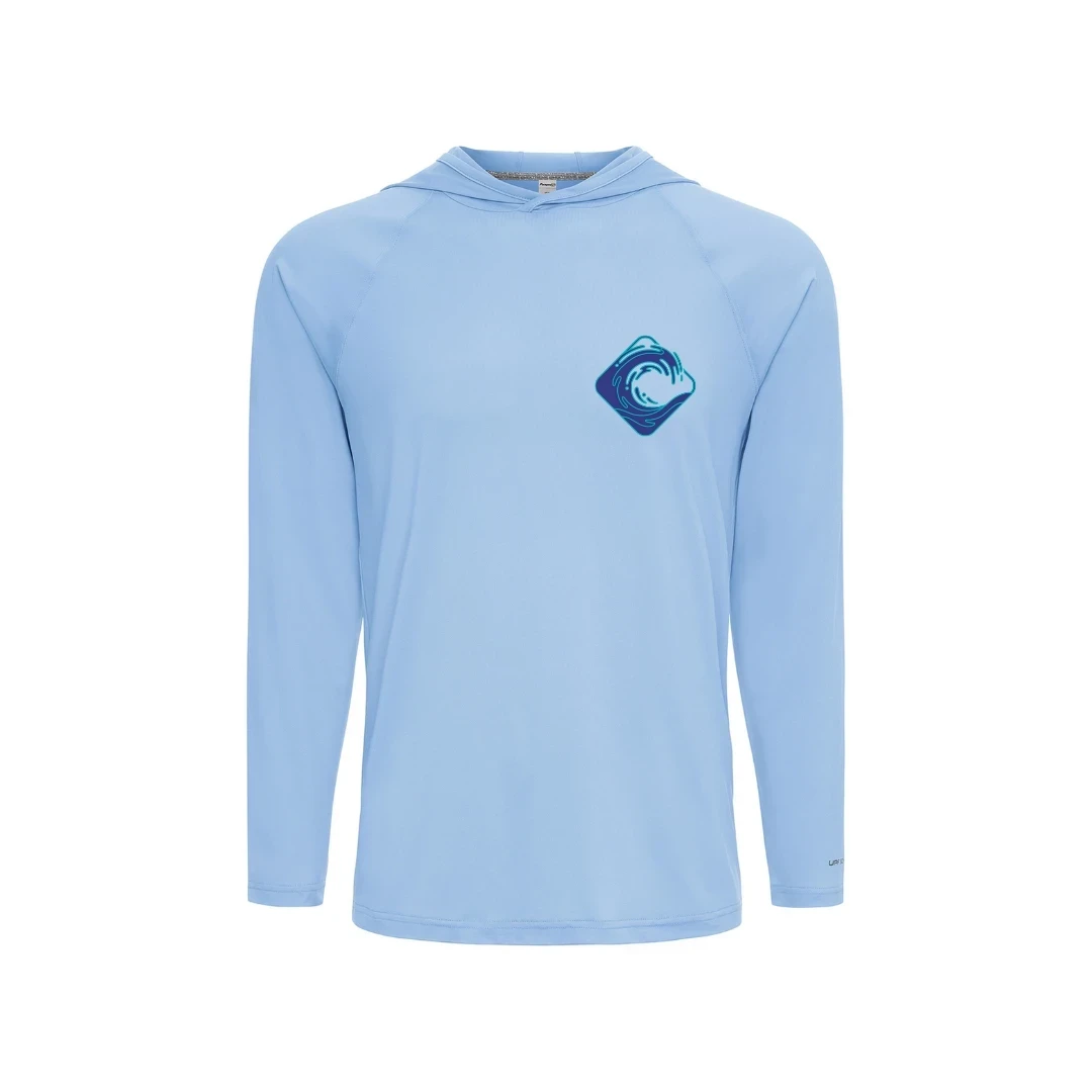 CULTUR light blue long sleeve hooded performance shirt with wave logo on chest. Lightweight, breathable fabric for outdoor activities.