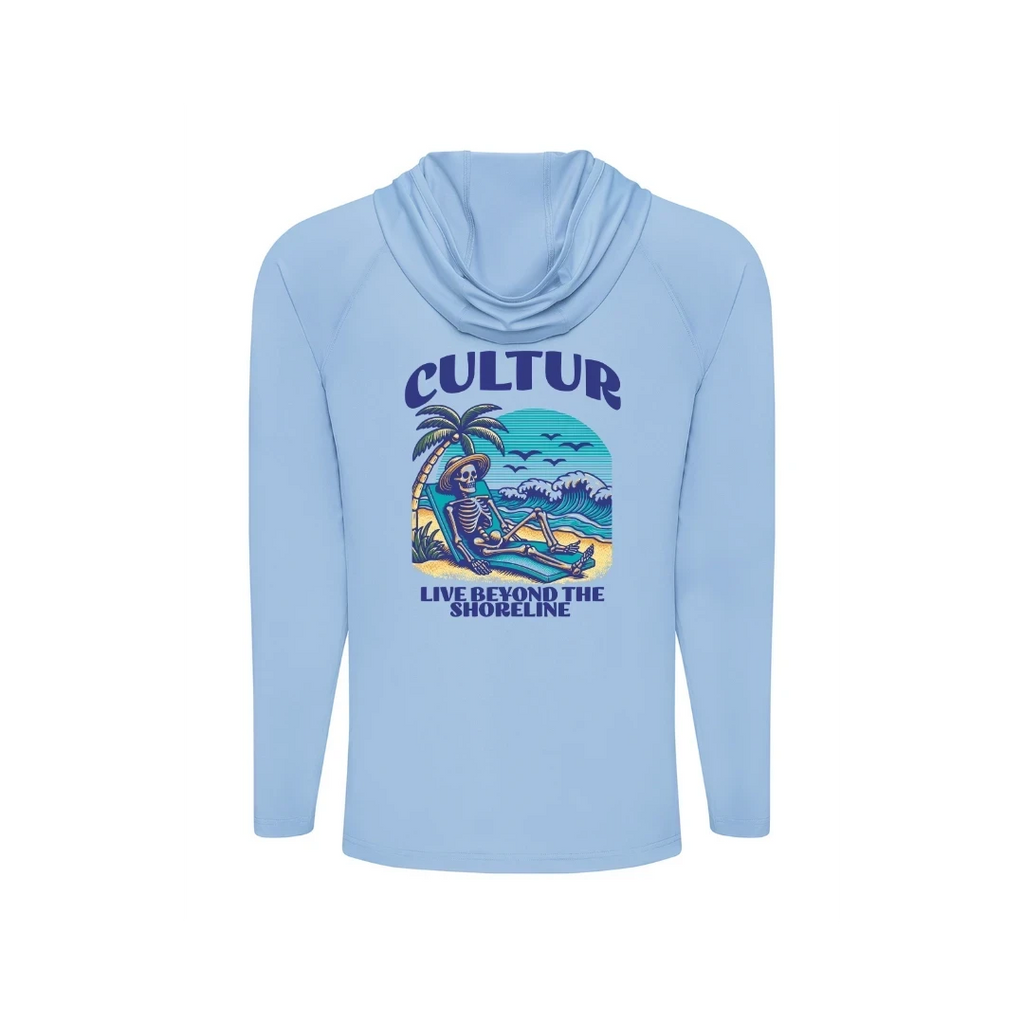 Cultur light blue long sleeve hooded performance shirt with skeleton graphic on beach. Lightweight, breathable fabric for outdoor adventures.