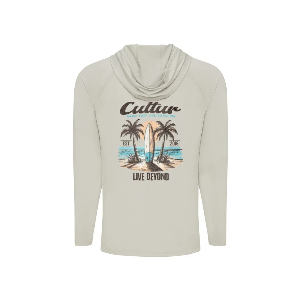 CULTUR light grey long sleeve hooded performance shirt with a graphic of a surfboard between palm trees on a beach.