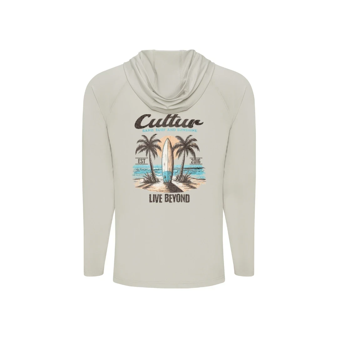 CULTUR light grey long sleeve hooded performance shirt with a graphic of a surfboard between palm trees on a beach.
