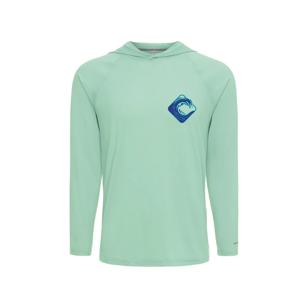 CULTUR mint green long sleeve hooded performance shirt with wave logo on chest, lightweight and breathable for outdoor activities.