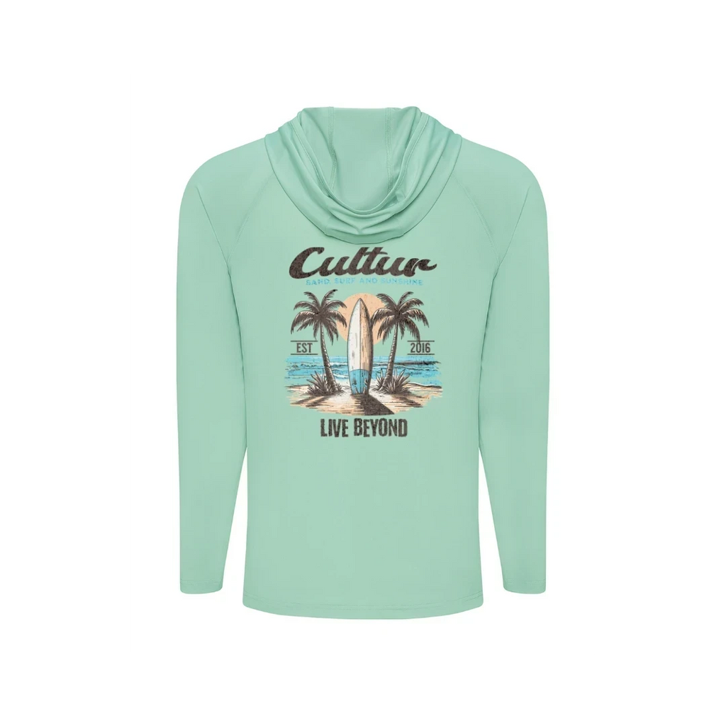 CULTUR light mint green long sleeve hooded performance shirt with beach graphic on back
