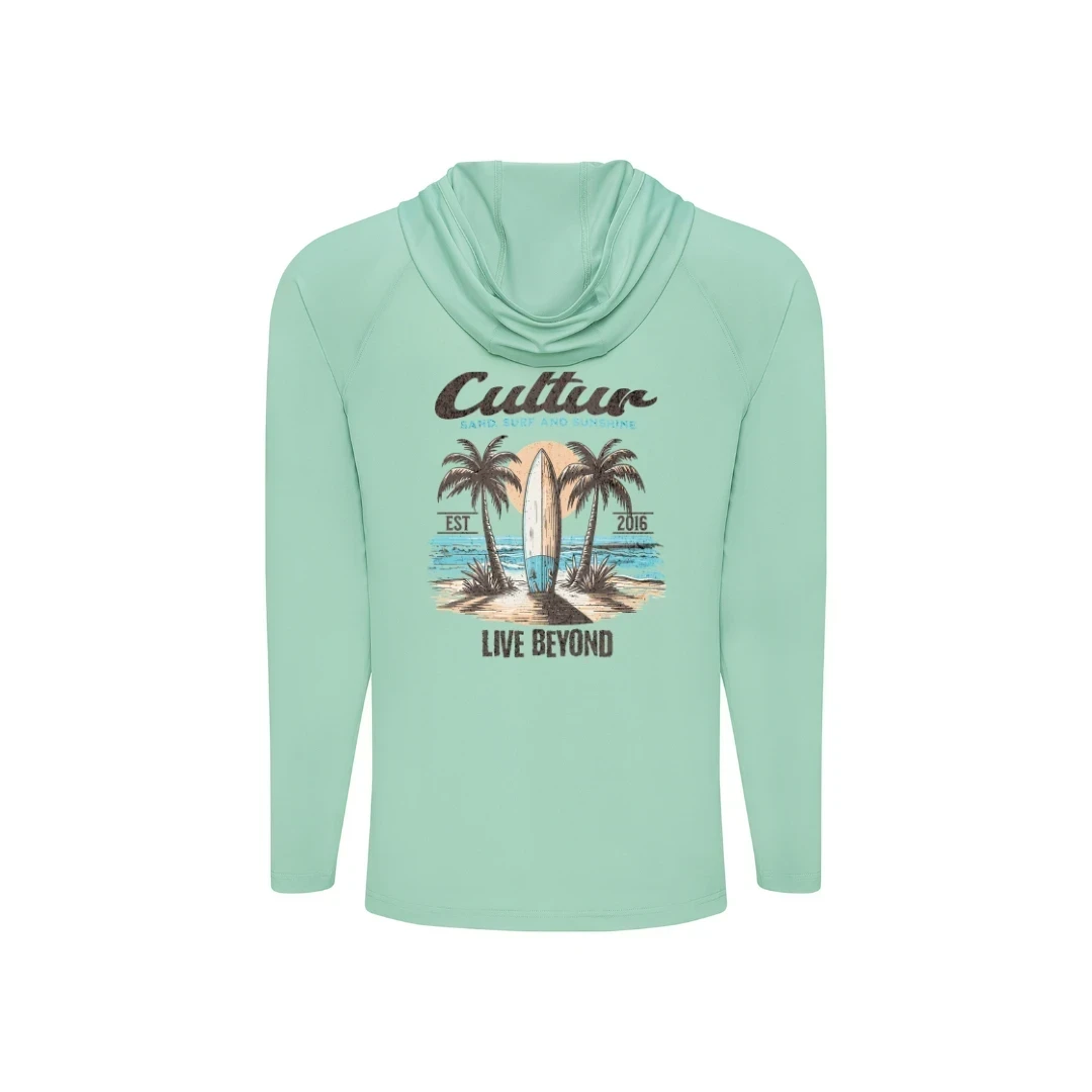 CULTUR light mint green long sleeve hooded performance shirt with beach graphic on back