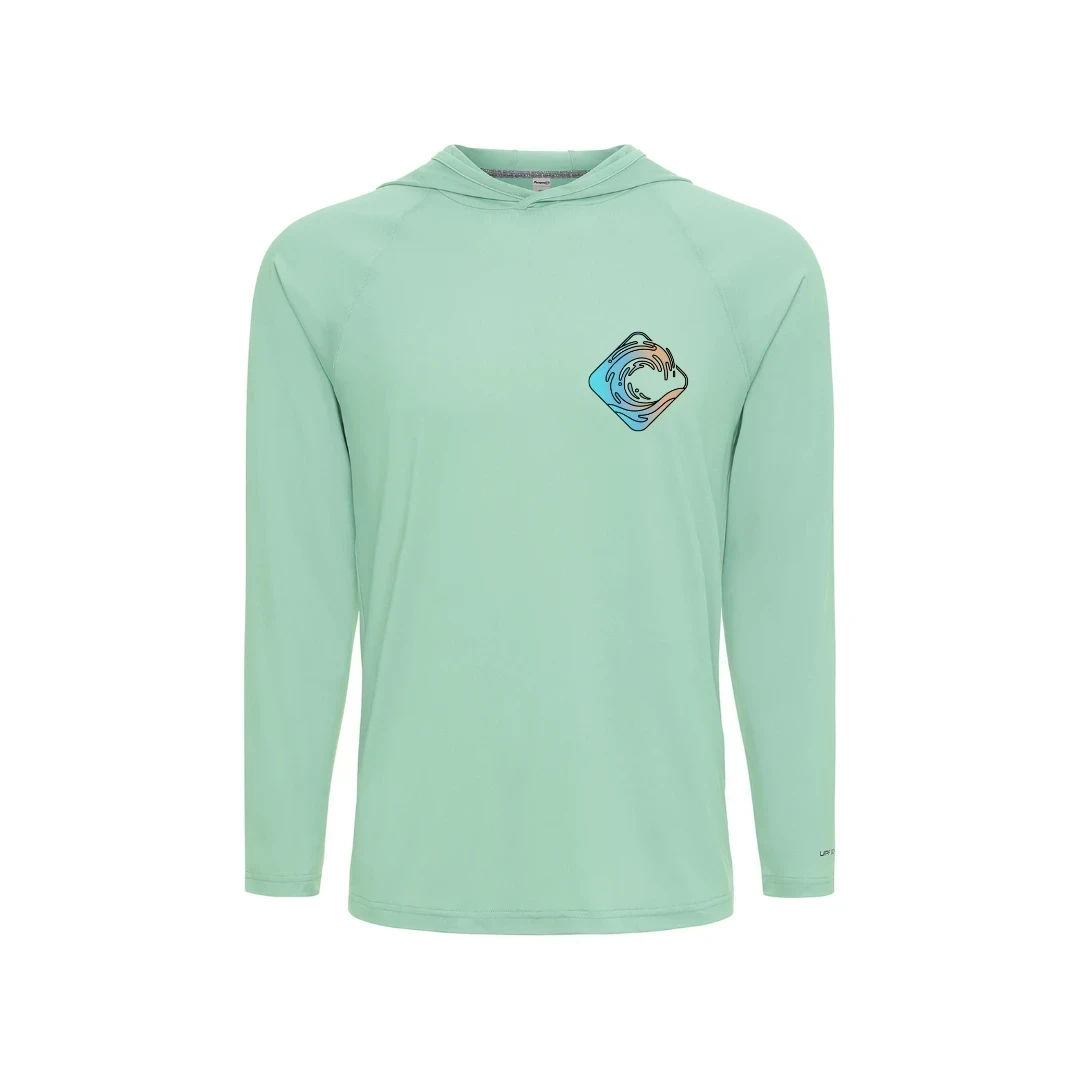 CULTUR light mint green long sleeve hooded performance shirt with a wave graphic on the chest.