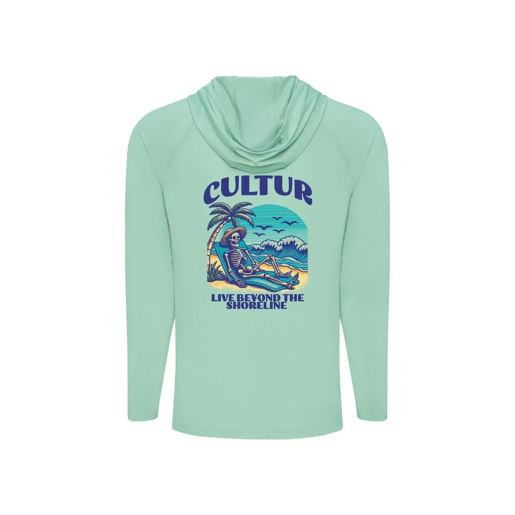 Cultur mint green long sleeve hooded performance shirt with skeleton graphic on beach